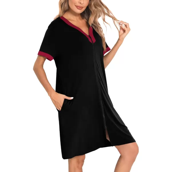 SWOMOG Women Zipper Front House Coat Short Sleeves Robe Zip up Bathrobes Short Nightgown with PocketsBlack Red