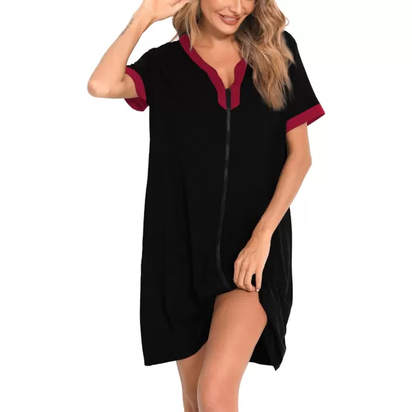 SWOMOG Women Zipper Front House Coat Short Sleeves Robe Zip up Bathrobes Short Nightgown with PocketsBlack Red