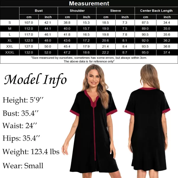 SWOMOG Women Zipper Front House Coat Short Sleeves Robe Zip up Bathrobes Short Nightgown with PocketsBlack Red Trim