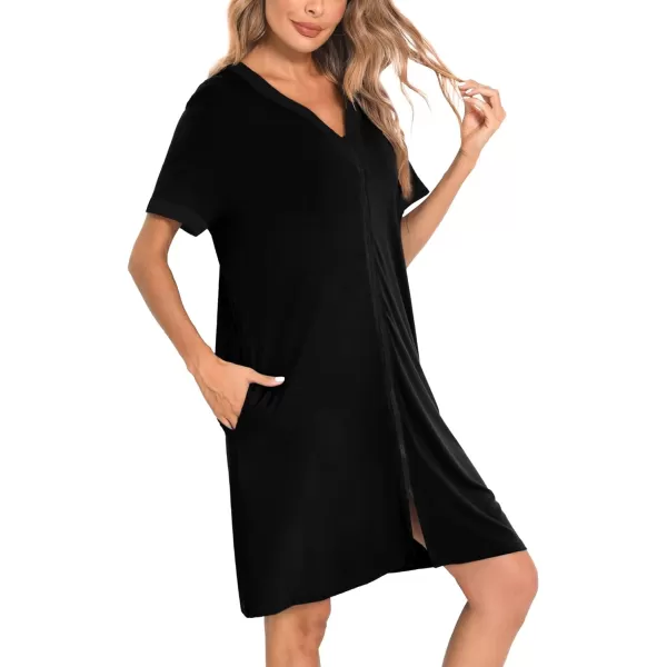 SWOMOG Women Zipper Front House Coat Short Sleeves Robe Zip up Bathrobes Short Nightgown with PocketsBlacka