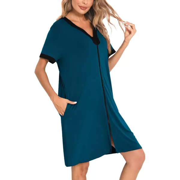 SWOMOG Women Zipper Front House Coat Short Sleeves Robe Zip up Bathrobes Short Nightgown with PocketsBlue Green