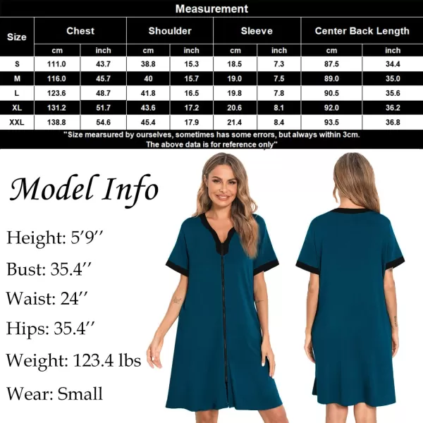 SWOMOG Women Zipper Front House Coat Short Sleeves Robe Zip up Bathrobes Short Nightgown with PocketsBlue Green