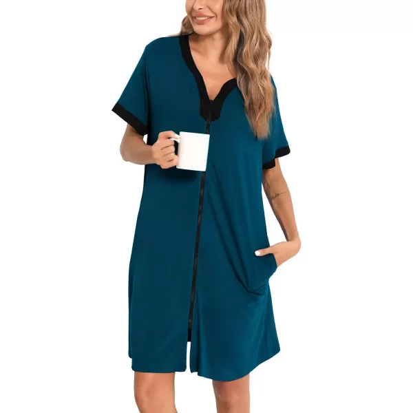 SWOMOG Women Zipper Front House Coat Short Sleeves Robe Zip up Bathrobes Short Nightgown with PocketsBlue Green