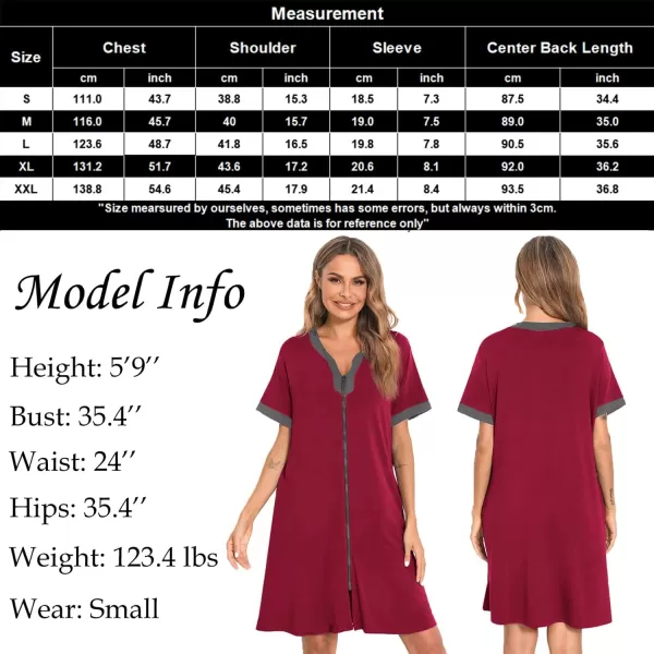 SWOMOG Women Zipper Front House Coat Short Sleeves Robe Zip up Bathrobes Short Nightgown with PocketsBurgundy