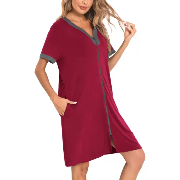 SWOMOG Women Zipper Front House Coat Short Sleeves Robe Zip up Bathrobes Short Nightgown with PocketsBurgundy