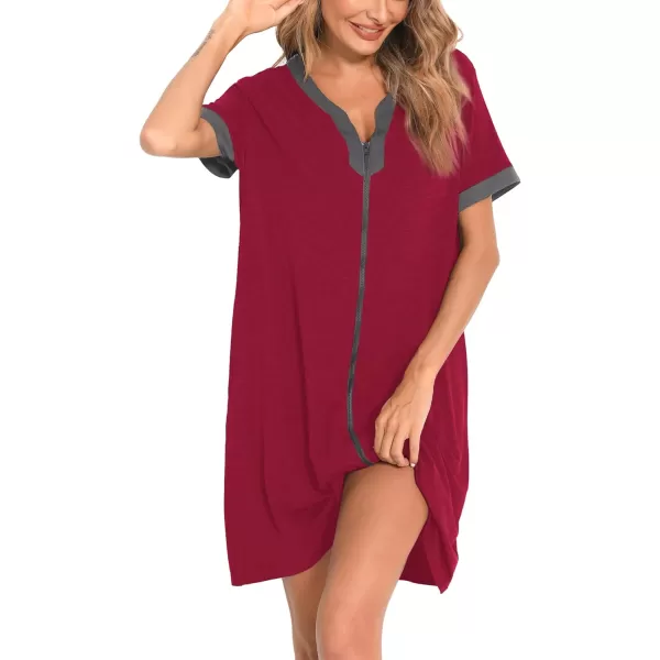 SWOMOG Women Zipper Front House Coat Short Sleeves Robe Zip up Bathrobes Short Nightgown with PocketsBurgundy