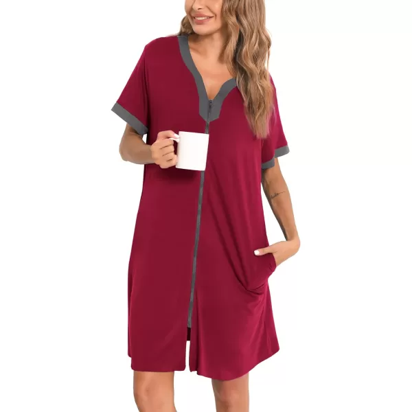 SWOMOG Women Zipper Front House Coat Short Sleeves Robe Zip up Bathrobes Short Nightgown with PocketsBurgundy