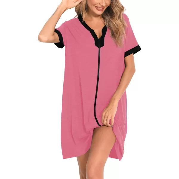 SWOMOG Women Zipper Front House Coat Short Sleeves Robe Zip up Bathrobes Short Nightgown with PocketsCoral