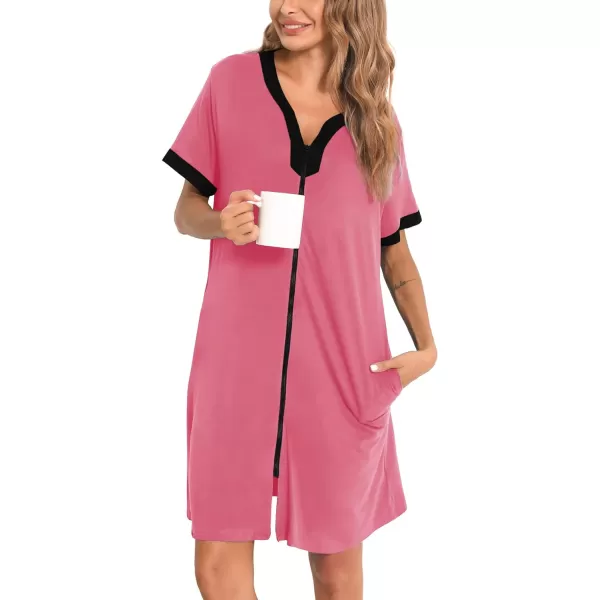 SWOMOG Women Zipper Front House Coat Short Sleeves Robe Zip up Bathrobes Short Nightgown with PocketsCoral