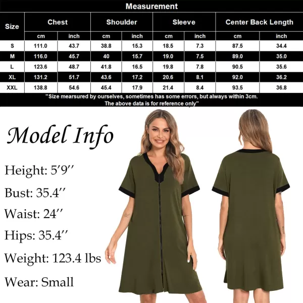 SWOMOG Women Zipper Front House Coat Short Sleeves Robe Zip up Bathrobes Short Nightgown with PocketsDeep Green