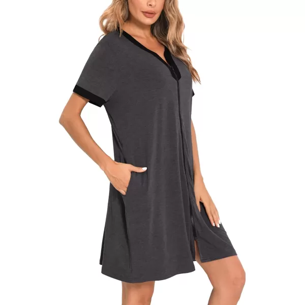 SWOMOG Women Zipper Front House Coat Short Sleeves Robe Zip up Bathrobes Short Nightgown with PocketsDeep Grey