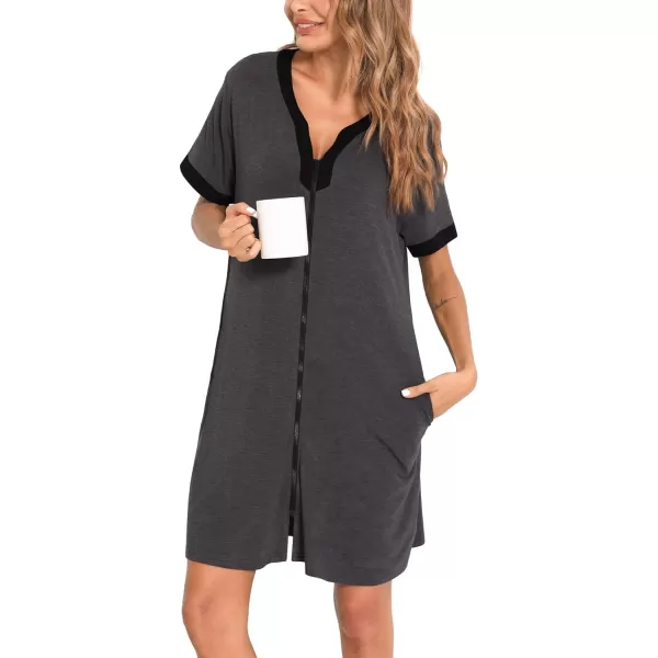 SWOMOG Women Zipper Front House Coat Short Sleeves Robe Zip up Bathrobes Short Nightgown with PocketsDeep Grey