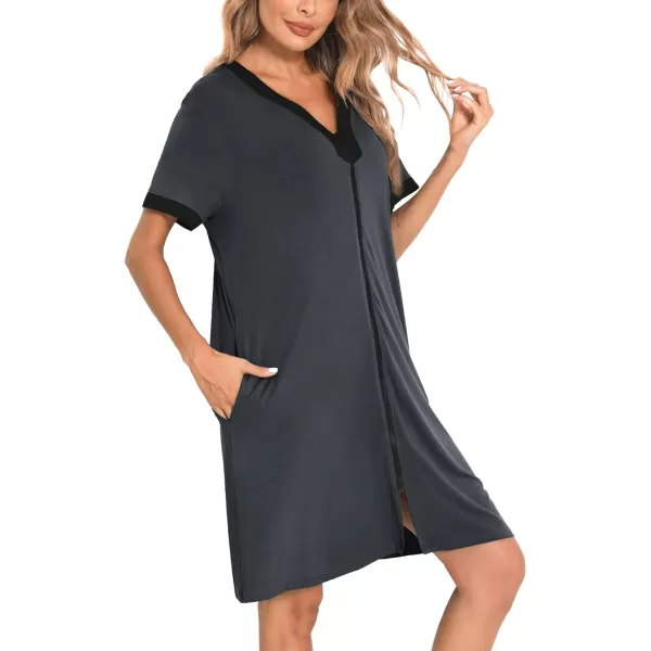 SWOMOG Women Zipper Front House Coat Short Sleeves Robe Zip up Bathrobes Short Nightgown with PocketsDeep Grey1