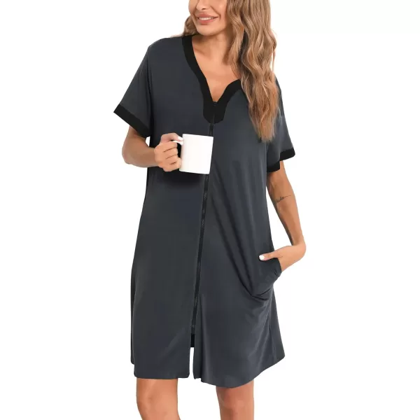 SWOMOG Women Zipper Front House Coat Short Sleeves Robe Zip up Bathrobes Short Nightgown with PocketsDeep Grey1