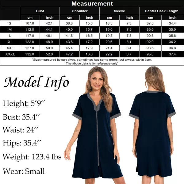 SWOMOG Women Zipper Front House Coat Short Sleeves Robe Zip up Bathrobes Short Nightgown with PocketsDeep Navy Blue