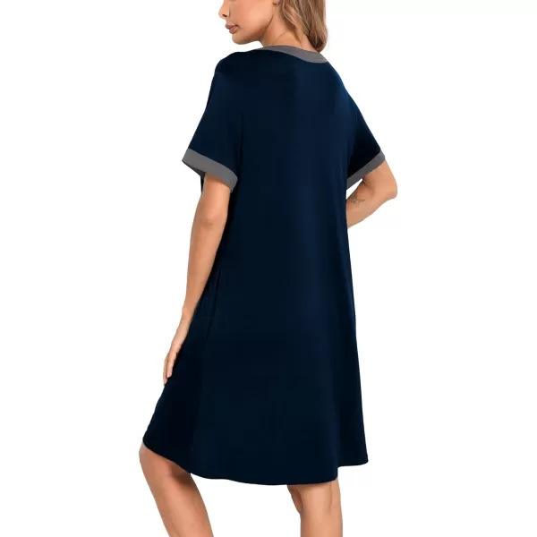 SWOMOG Women Zipper Front House Coat Short Sleeves Robe Zip up Bathrobes Short Nightgown with PocketsDeep Navy Blue