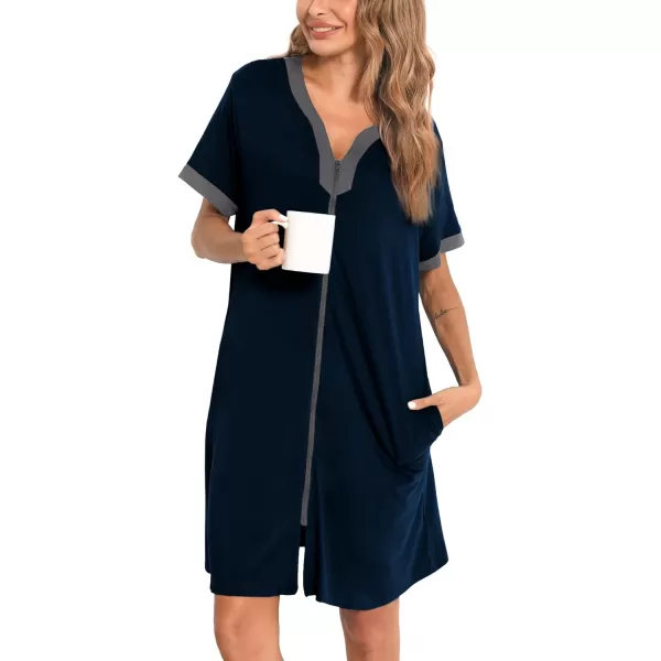 SWOMOG Women Zipper Front House Coat Short Sleeves Robe Zip up Bathrobes Short Nightgown with PocketsDeep Navy Blue