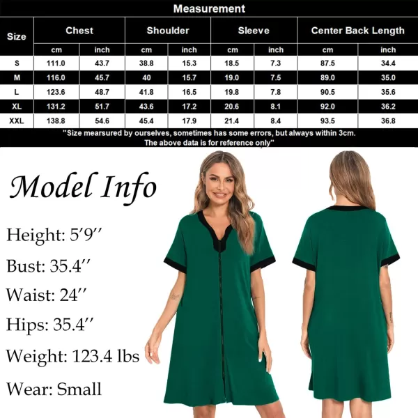 SWOMOG Women Zipper Front House Coat Short Sleeves Robe Zip up Bathrobes Short Nightgown with PocketsGreen