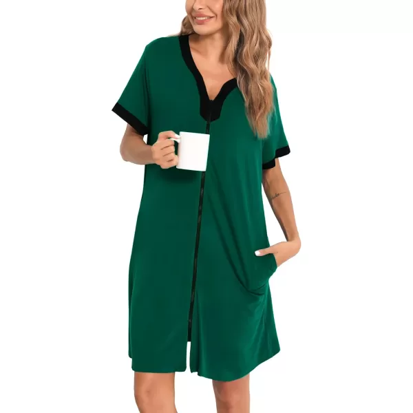 SWOMOG Women Zipper Front House Coat Short Sleeves Robe Zip up Bathrobes Short Nightgown with PocketsGreen