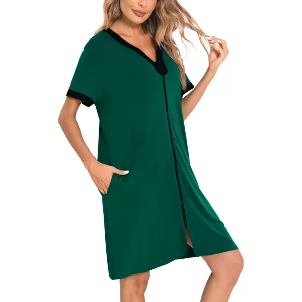 SWOMOG Women Zipper Front House Coat Short Sleeves Robe Zip up Bathrobes Short Nightgown with PocketsGreen