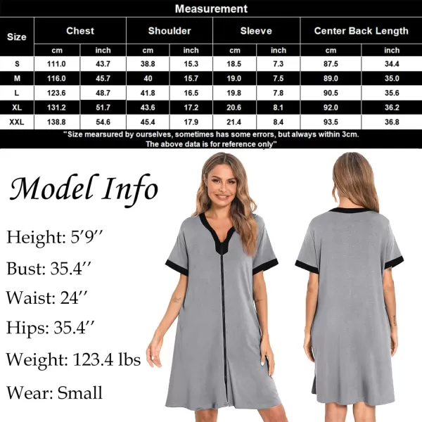 SWOMOG Women Zipper Front House Coat Short Sleeves Robe Zip up Bathrobes Short Nightgown with PocketsGrey