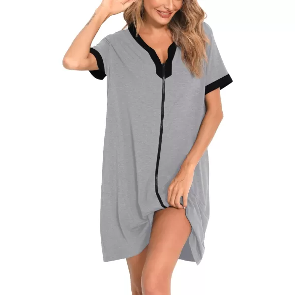 SWOMOG Women Zipper Front House Coat Short Sleeves Robe Zip up Bathrobes Short Nightgown with PocketsGrey