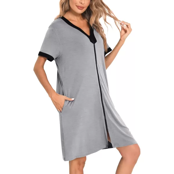 SWOMOG Women Zipper Front House Coat Short Sleeves Robe Zip up Bathrobes Short Nightgown with PocketsGrey