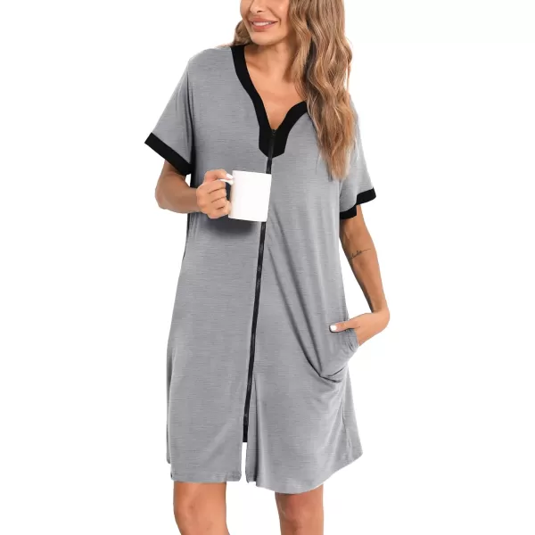 SWOMOG Women Zipper Front House Coat Short Sleeves Robe Zip up Bathrobes Short Nightgown with PocketsGrey