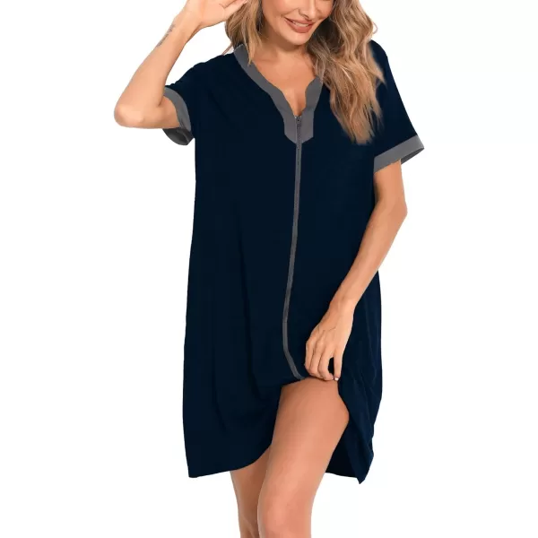 SWOMOG Women Zipper Front House Coat Short Sleeves Robe Zip up Bathrobes Short Nightgown with PocketsLight Navy Blue