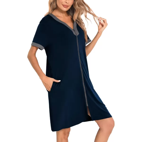 SWOMOG Women Zipper Front House Coat Short Sleeves Robe Zip up Bathrobes Short Nightgown with PocketsLight Navy Blue