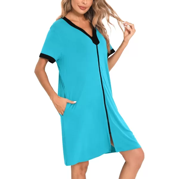 SWOMOG Women Zipper Front House Coat Short Sleeves Robe Zip up Bathrobes Short Nightgown with PocketsPeacock Blue