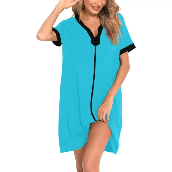 SWOMOG Women Zipper Front House Coat Short Sleeves Robe Zip up Bathrobes Short Nightgown with PocketsPeacock Blue