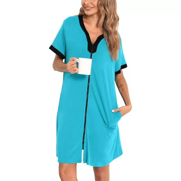 SWOMOG Women Zipper Front House Coat Short Sleeves Robe Zip up Bathrobes Short Nightgown with PocketsPeacock Blue