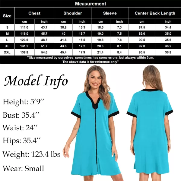 SWOMOG Women Zipper Front House Coat Short Sleeves Robe Zip up Bathrobes Short Nightgown with PocketsPeacock Blue