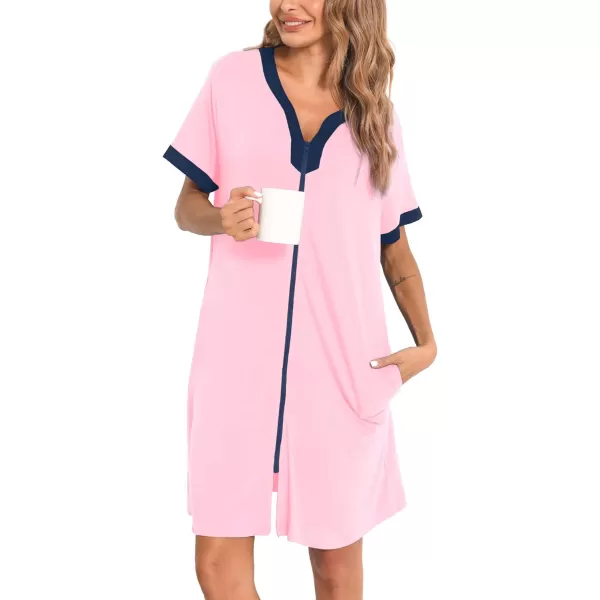 SWOMOG Women Zipper Front House Coat Short Sleeves Robe Zip up Bathrobes Short Nightgown with PocketsPink