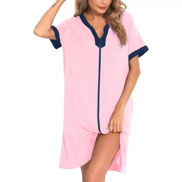 SWOMOG Women Zipper Front House Coat Short Sleeves Robe Zip up Bathrobes Short Nightgown with PocketsPink