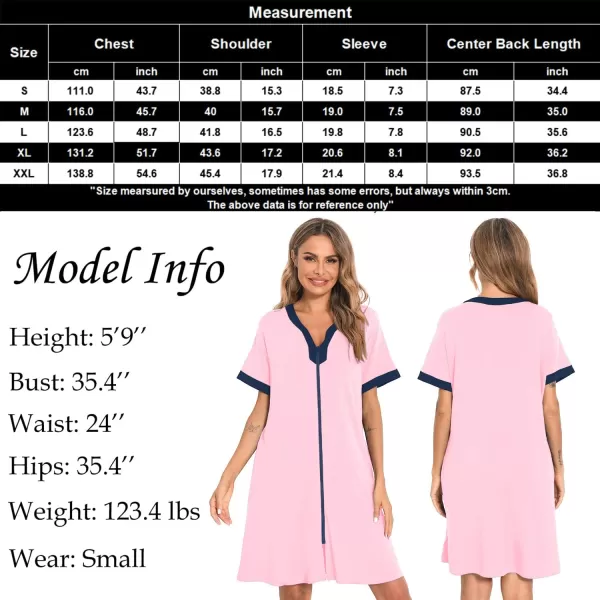 SWOMOG Women Zipper Front House Coat Short Sleeves Robe Zip up Bathrobes Short Nightgown with PocketsPink