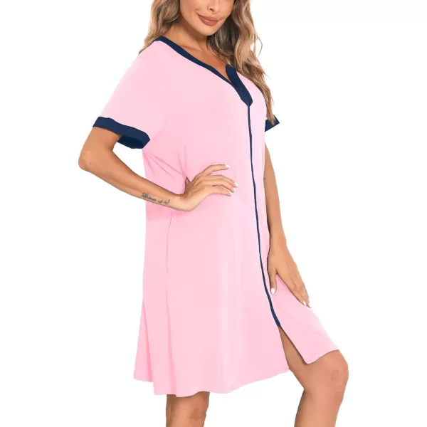 SWOMOG Women Zipper Front House Coat Short Sleeves Robe Zip up Bathrobes Short Nightgown with PocketsPink