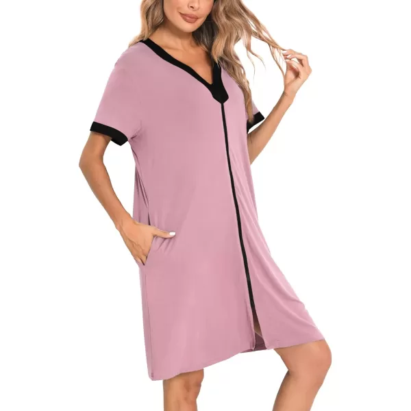 SWOMOG Women Zipper Front House Coat Short Sleeves Robe Zip up Bathrobes Short Nightgown with PocketsTaro Purple