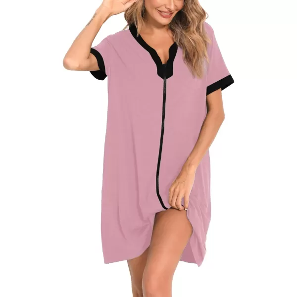 SWOMOG Women Zipper Front House Coat Short Sleeves Robe Zip up Bathrobes Short Nightgown with PocketsTaro Purple