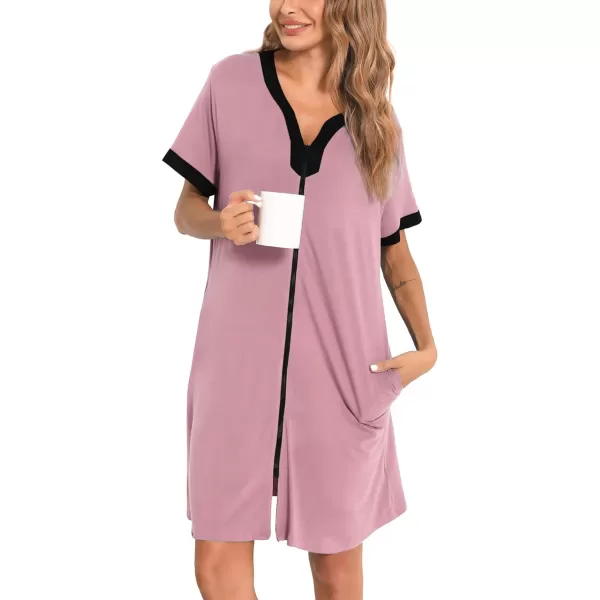 SWOMOG Women Zipper Front House Coat Short Sleeves Robe Zip up Bathrobes Short Nightgown with PocketsTaro Purple