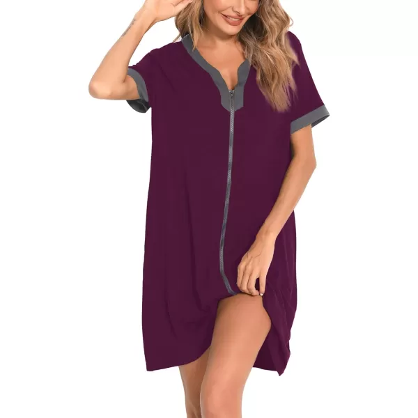 SWOMOG Women Zipper Front House Coat Short Sleeves Robe Zip up Bathrobes Short Nightgown with PocketsWineberry