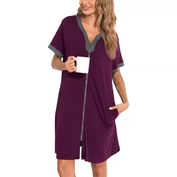 SWOMOG Women Zipper Front House Coat Short Sleeves Robe Zip up Bathrobes Short Nightgown with PocketsWineberry