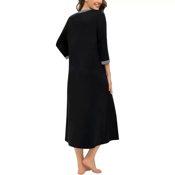 SWOMOG Women Zipper Robes 34 Sleeves Housecoat Zip Up Bathrobes Full Length Nightgown Loungewear with PocketsBlack