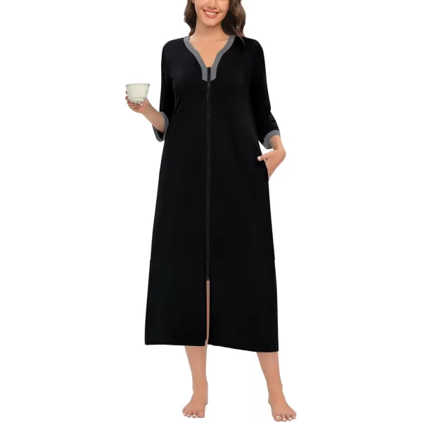 SWOMOG Women Zipper Robes 34 Sleeves Housecoat Zip Up Bathrobes Full Length Nightgown Loungewear with PocketsBlack