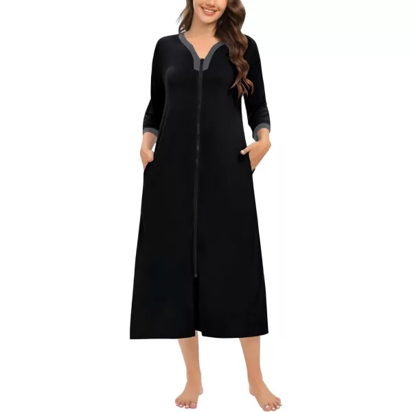 SWOMOG Women Zipper Robes 34 Sleeves Housecoat Zip Up Bathrobes Full Length Nightgown Loungewear with PocketsBlack