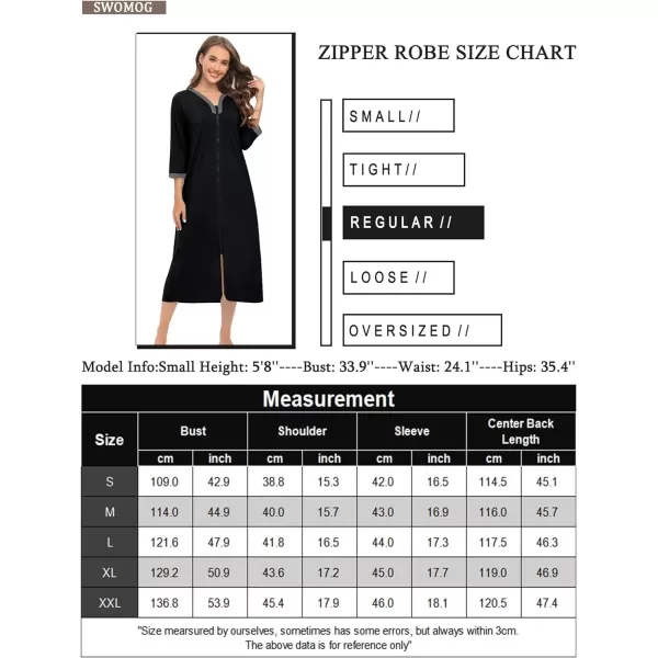 SWOMOG Women Zipper Robes 34 Sleeves Housecoat Zip Up Bathrobes Full Length Nightgown Loungewear with PocketsBlack