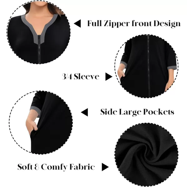 SWOMOG Women Zipper Robes 34 Sleeves Housecoat Zip Up Bathrobes Full Length Nightgown Loungewear with PocketsBlack