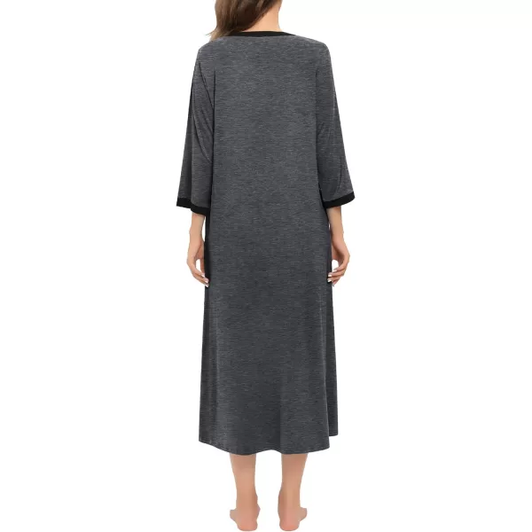 SWOMOG Women Zipper Robes 34 Sleeves Housecoat Zip Up Bathrobes Full Length Nightgown Loungewear with PocketsDeep Grey