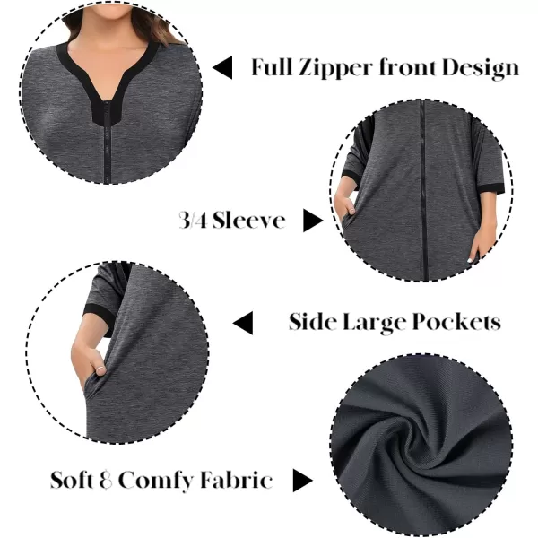 SWOMOG Women Zipper Robes 34 Sleeves Housecoat Zip Up Bathrobes Full Length Nightgown Loungewear with PocketsDeep Grey